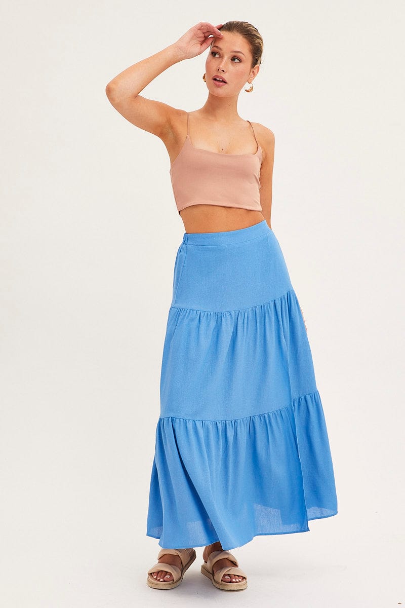 MAXI SKIRT Blue Maxi Skirt High Waist Split Tiered for Women by Ally