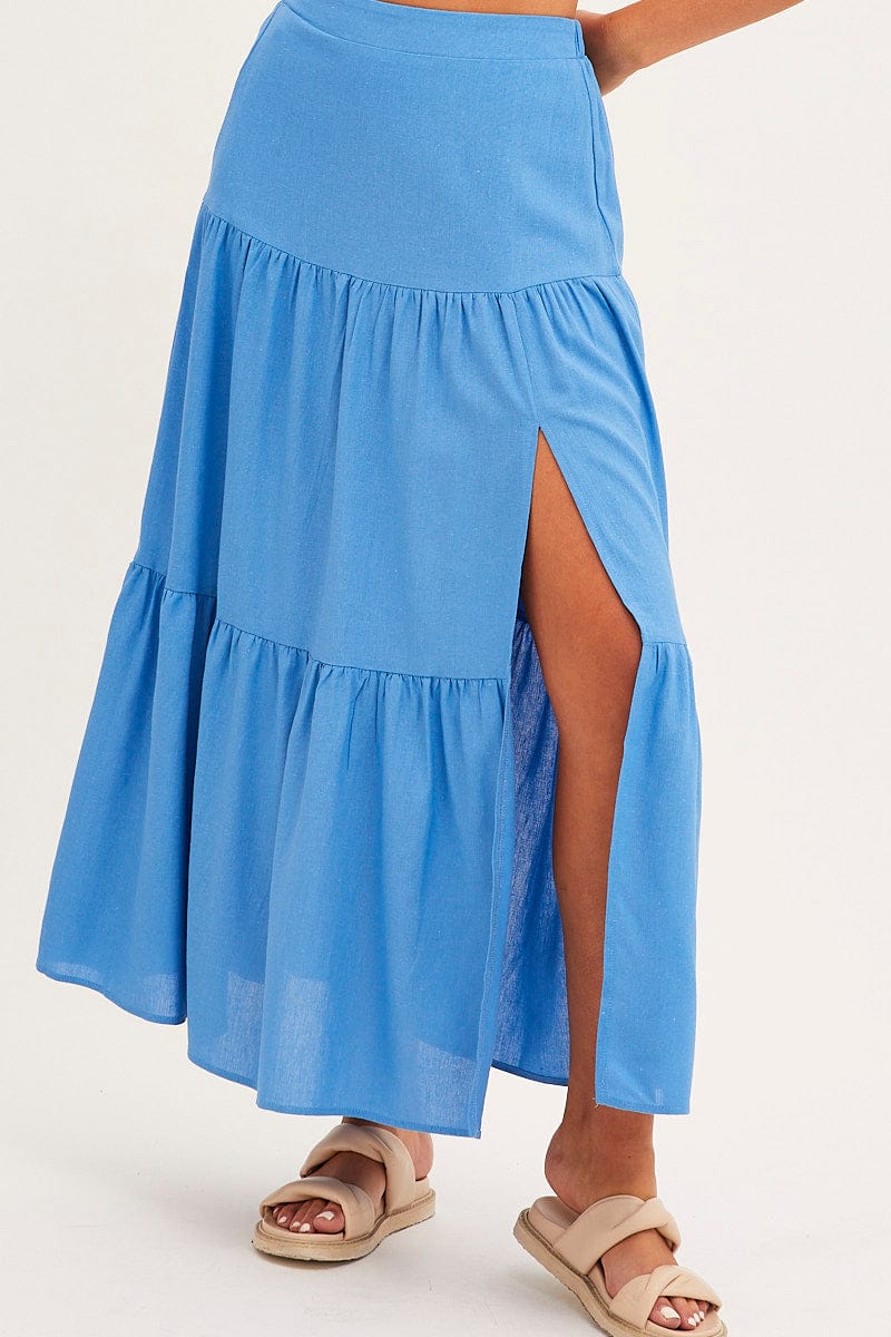 MAXI SKIRT Blue Maxi Skirt High Waist Split Tiered for Women by Ally