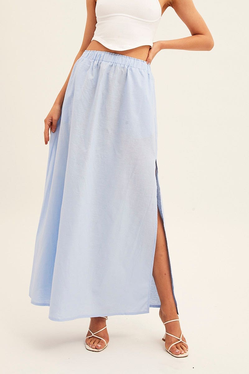 MAXI SKIRT Blue Maxi Skirt Linen Blend Side Split for Women by Ally