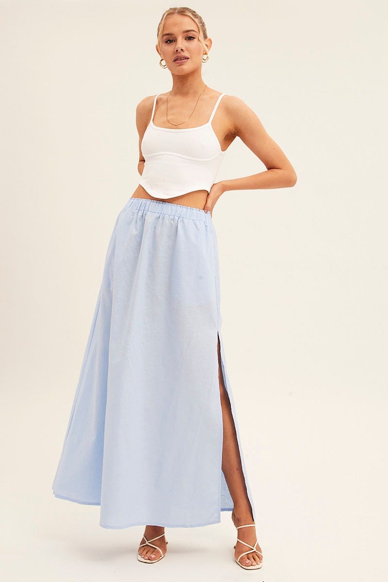 MAXI SKIRT Blue Maxi Skirt Linen Blend Side Split for Women by Ally