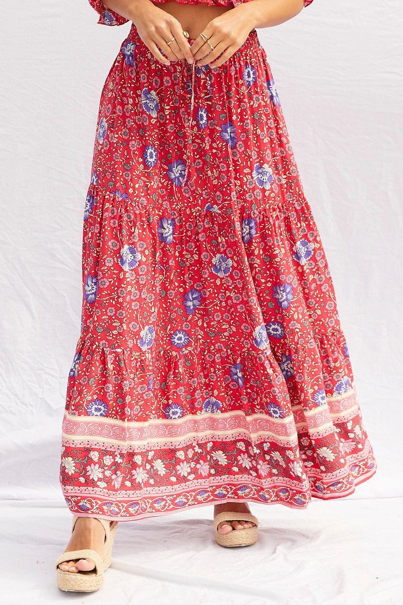 MAXI SKIRT Boho Print Elastic Waist Boho Maxi Skirt for Women by Ally