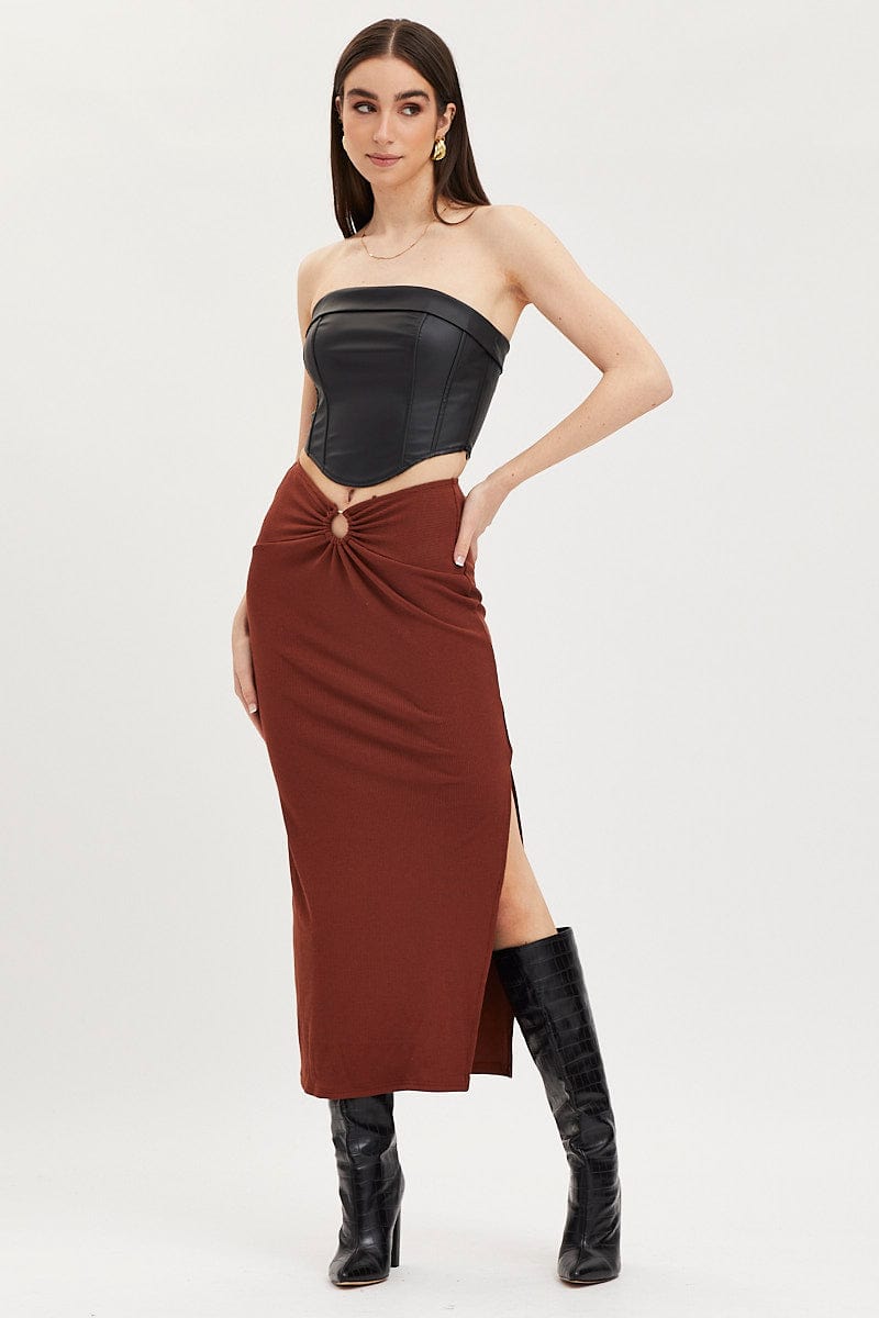 MAXI SKIRT Brown Maxi Skirt High Rise Ring Detial Rib Jersey for Women by Ally
