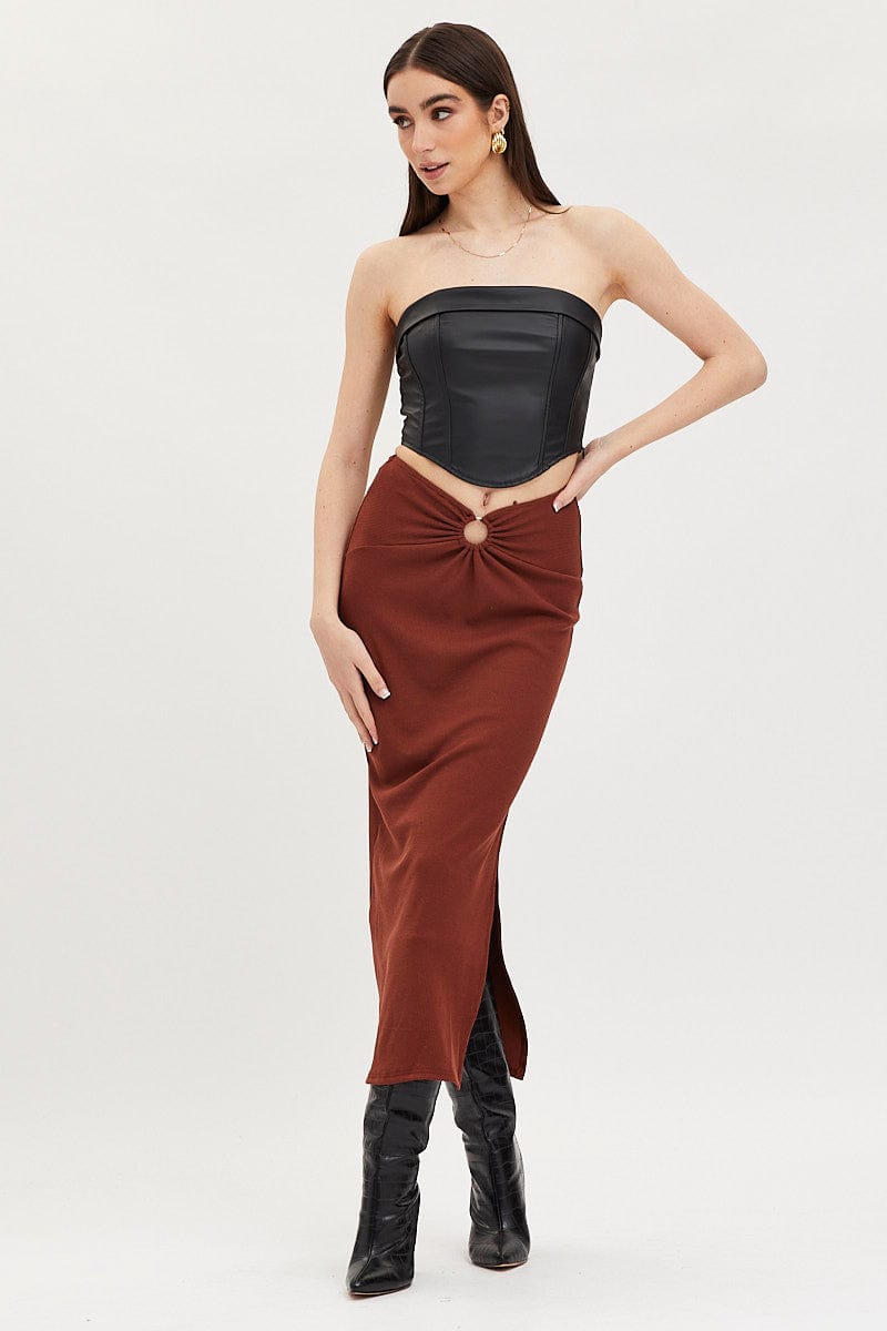 MAXI SKIRT Brown Maxi Skirt High Rise Ring Detial Rib Jersey for Women by Ally