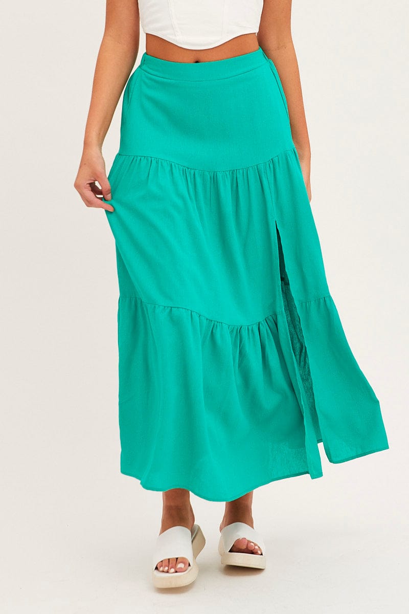 MAXI SKIRT Green Maxi Skirt High Waist Split Tiered for Women by Ally