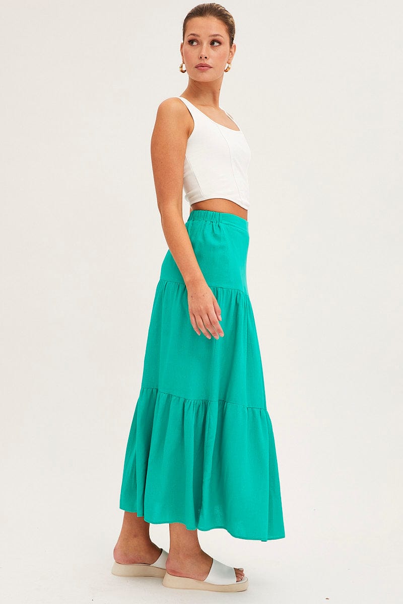 MAXI SKIRT Green Maxi Skirt High Waist Split Tiered for Women by Ally