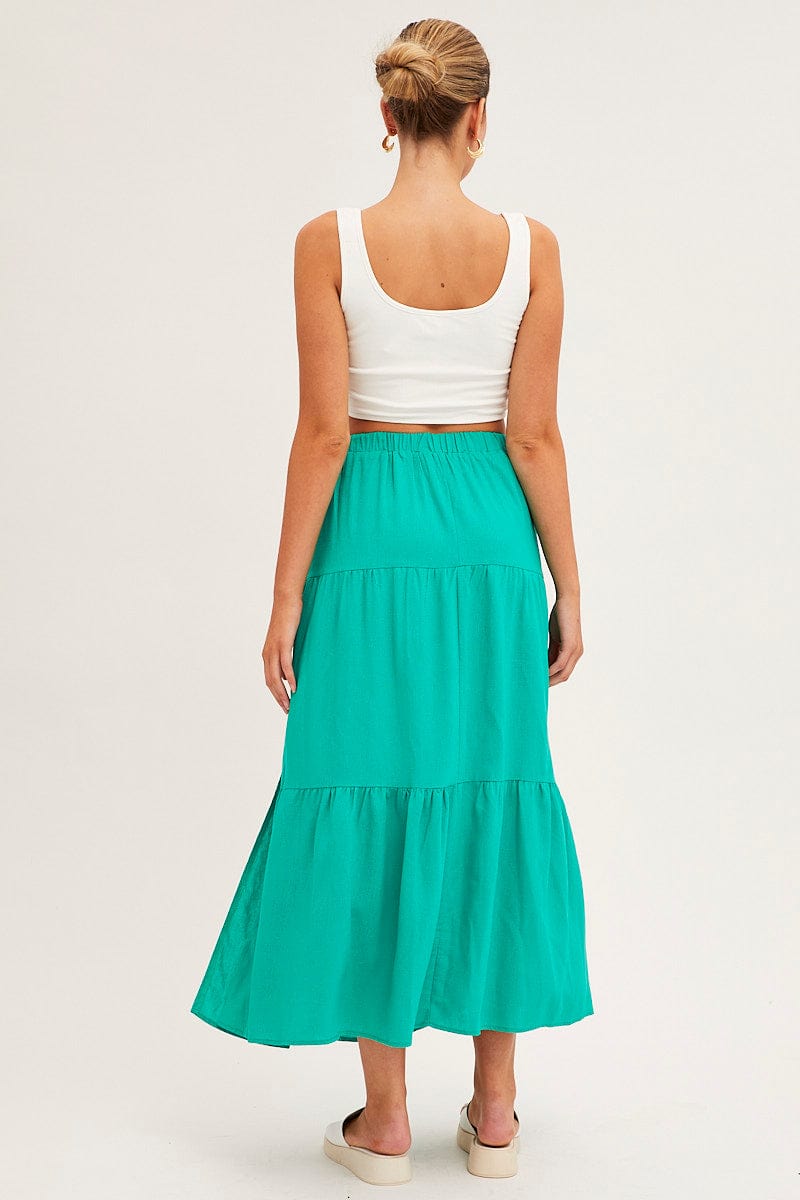 MAXI SKIRT Green Maxi Skirt High Waist Split Tiered for Women by Ally