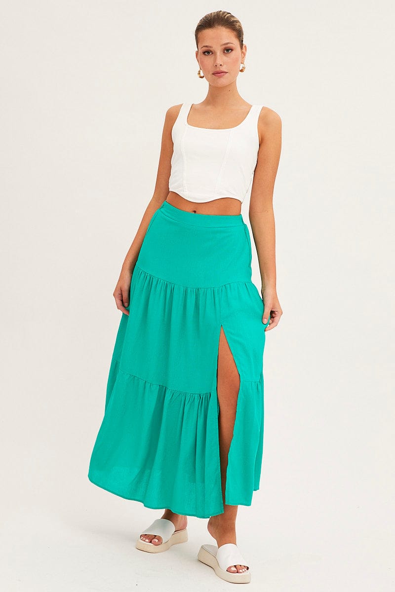 MAXI SKIRT Green Maxi Skirt High Waist Split Tiered for Women by Ally