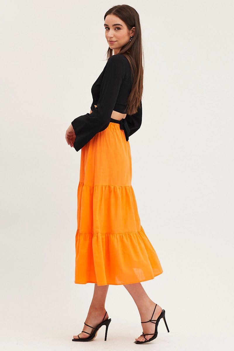 Bandhej Pure Cotton Tiered Skirt in Orange  BRJ805