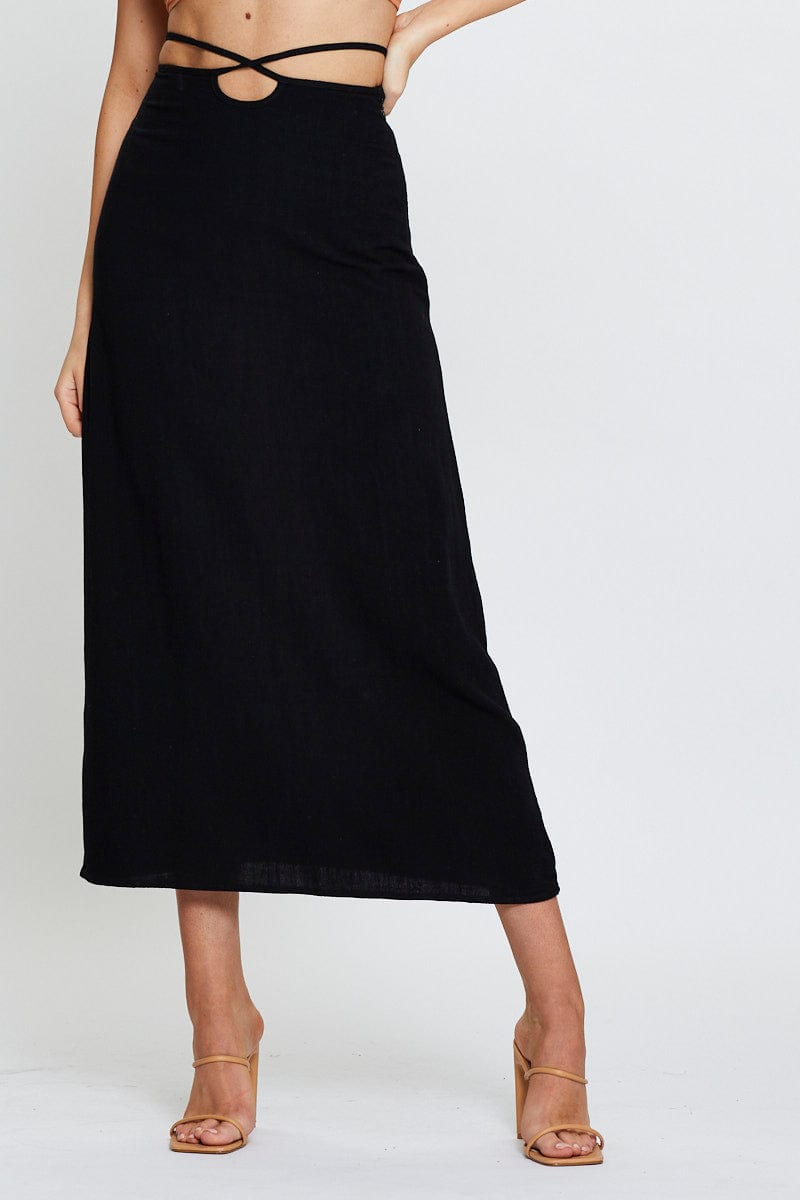 MAXI TUBE Black Linen Blend Wrap Tie Waist Maxi Skirt for Women by Ally