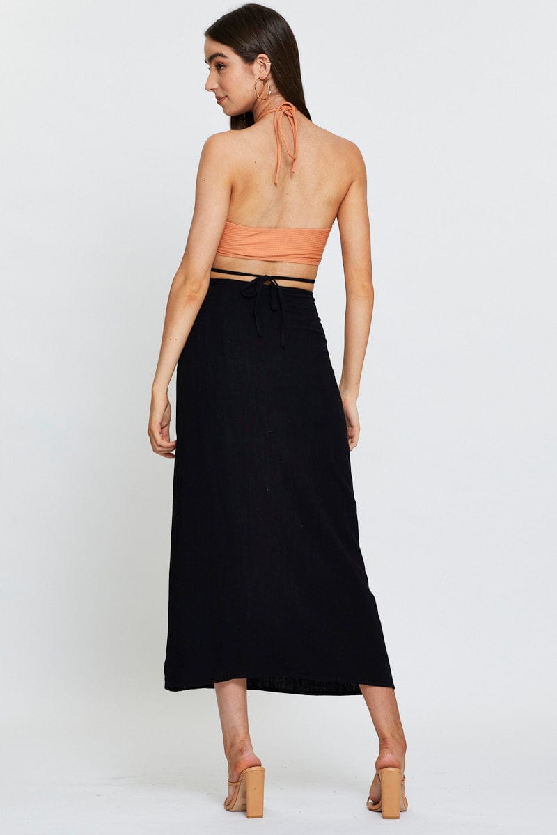 MAXI TUBE Black Linen Blend Wrap Tie Waist Maxi Skirt for Women by Ally