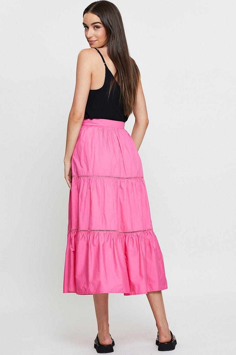 MAXI WRAP Black Pink Maxi Skirt High Rise Tiered Cotton for Women by Ally