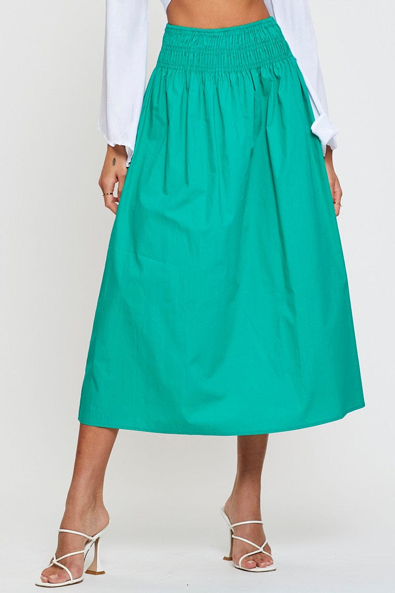 MAXI WRAP Green Midi Skirt High Rise Shirred Waist for Women by Ally