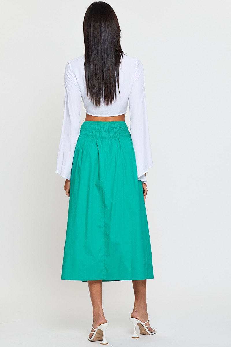 MAXI WRAP Green Midi Skirt High Rise Shirred Waist for Women by Ally