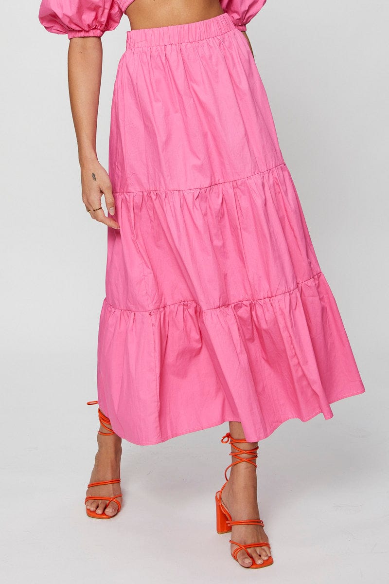 MAXI WRAP Pink Maxi Skirt High Rise Tiered Cotton for Women by Ally