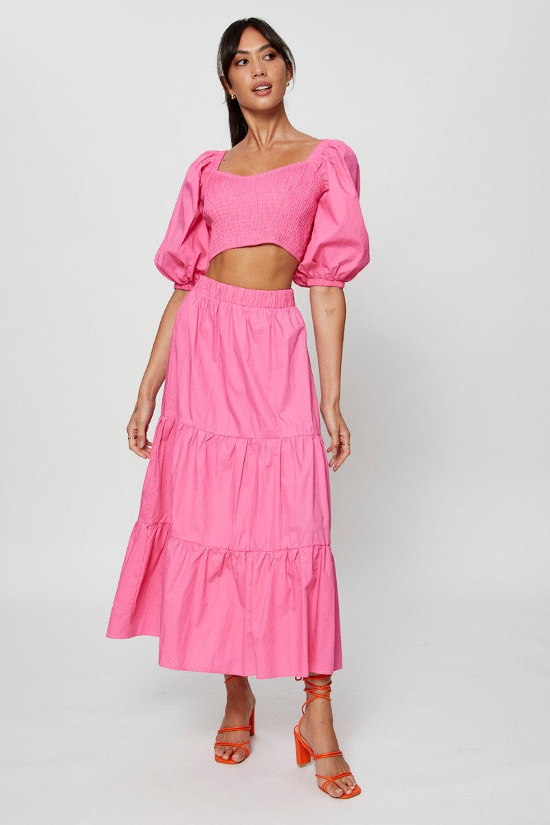 MAXI WRAP Pink Maxi Skirt High Rise Tiered Cotton for Women by Ally