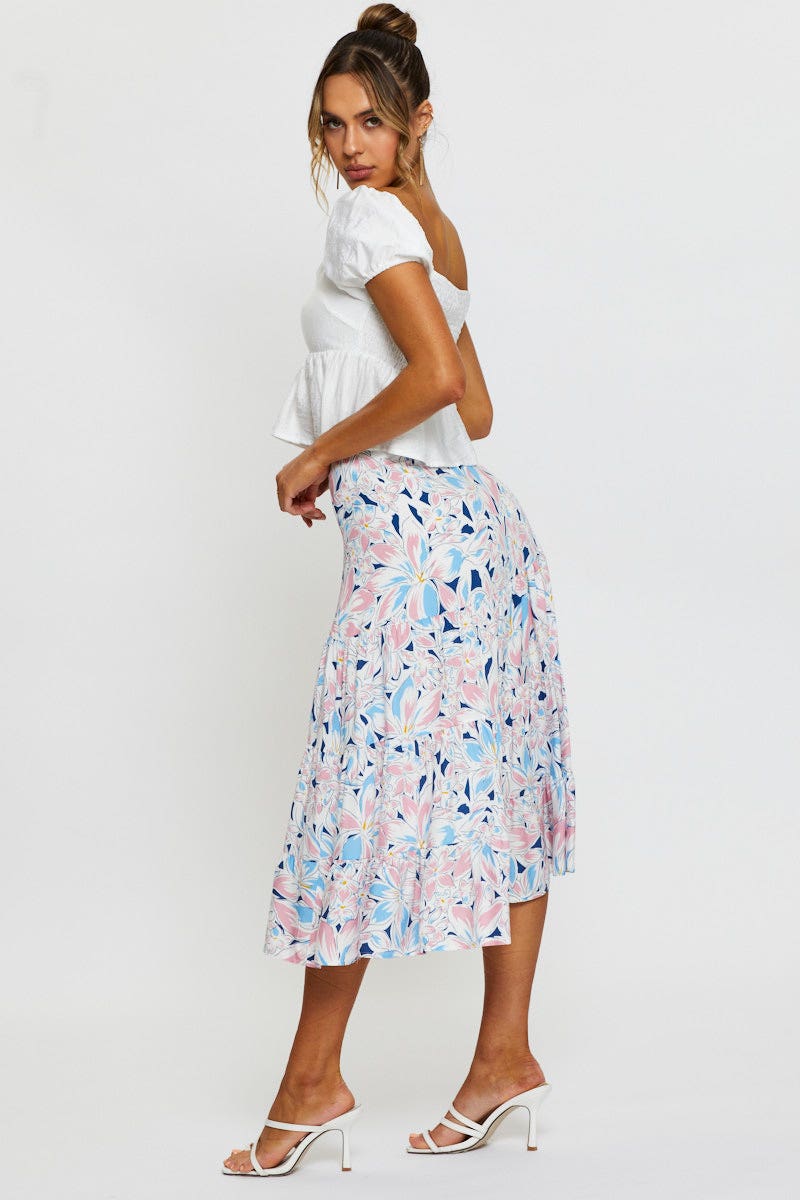 MIDI A LINE Print Maxi Skirt Tiered for Women by Ally