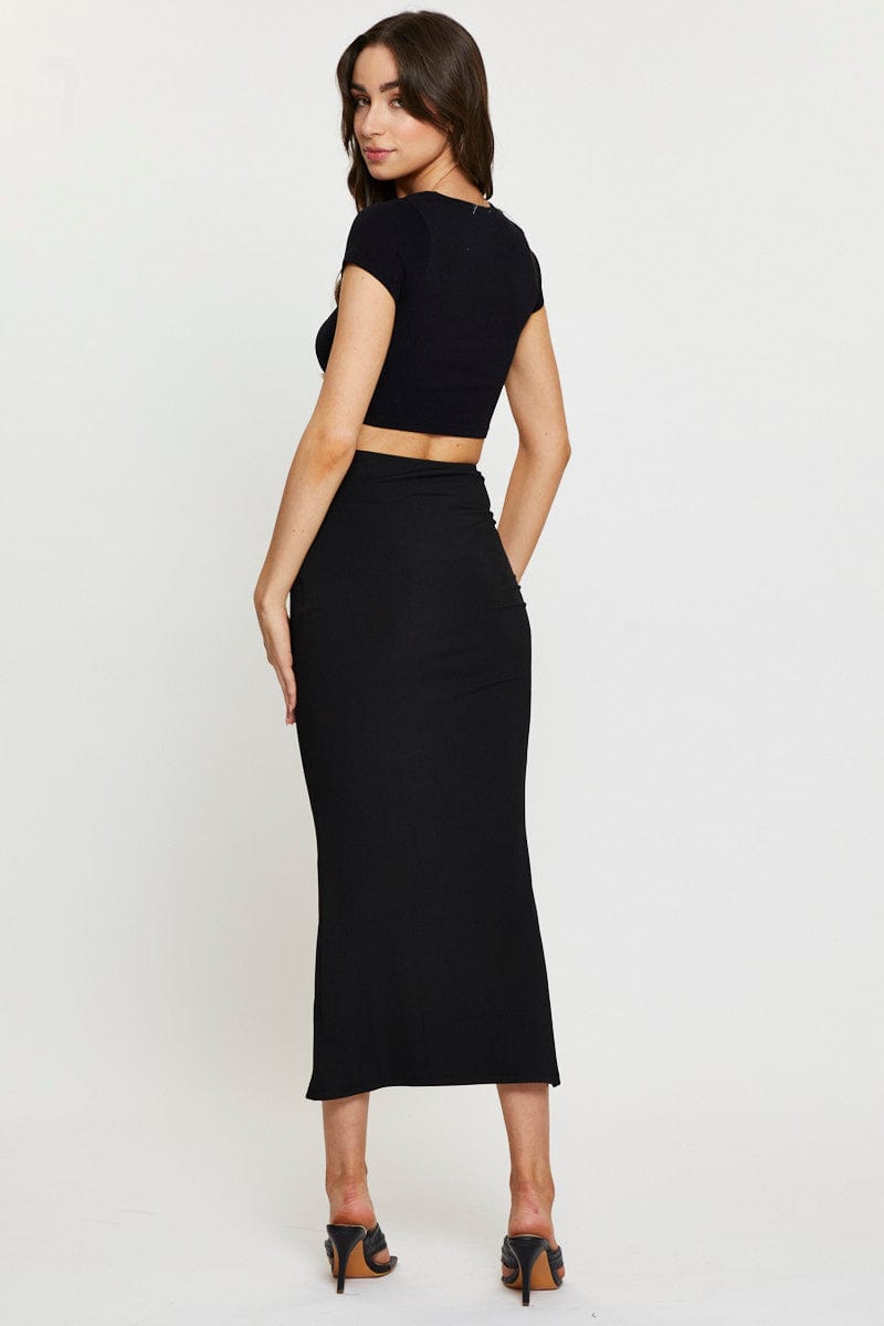 MIDI BODYCON Black Midi Skirt Rig Detailed Ribbed Jersey for Women by Ally