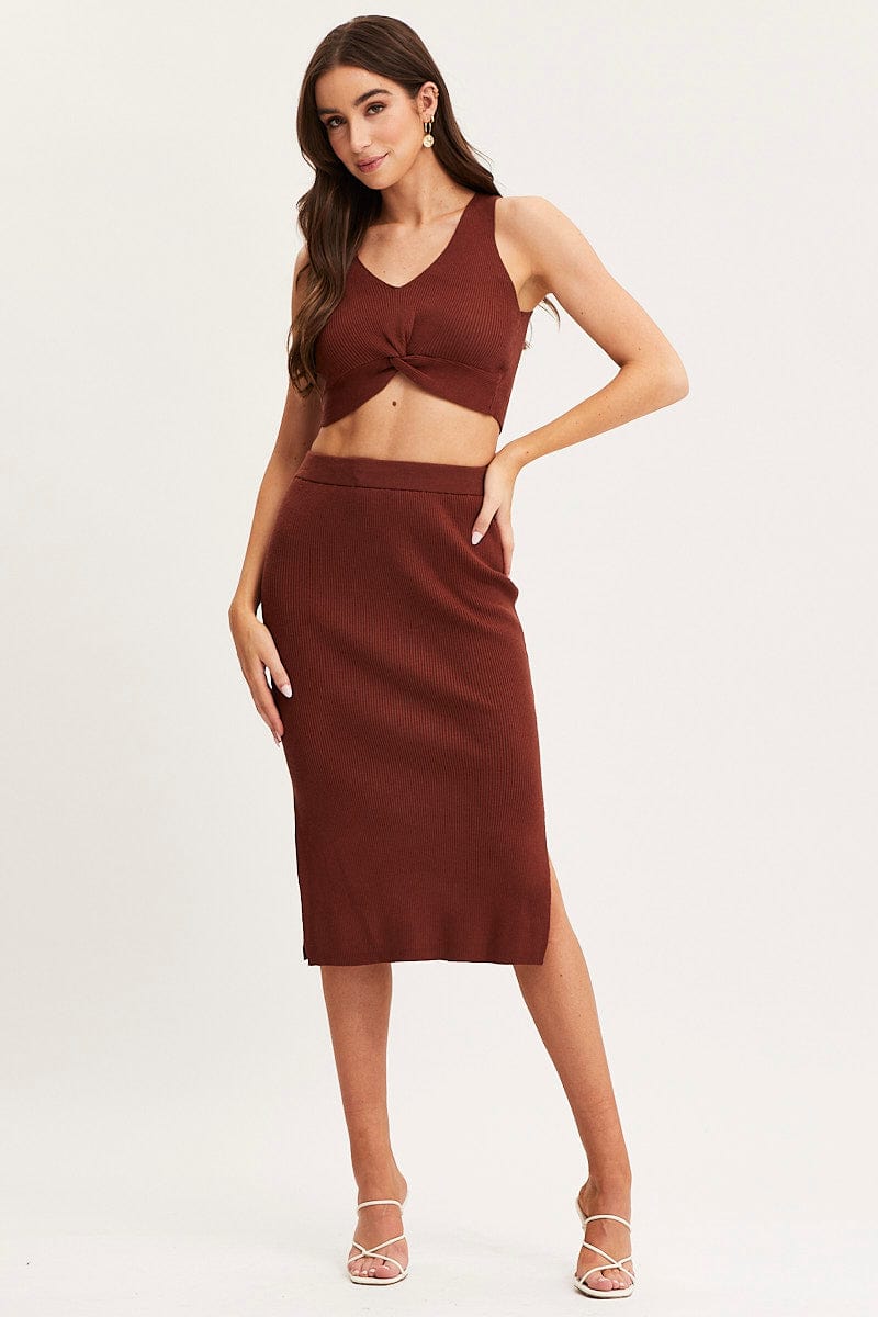 MIDI BODYCON Brown Knit Skirt Midi Side Split for Women by Ally