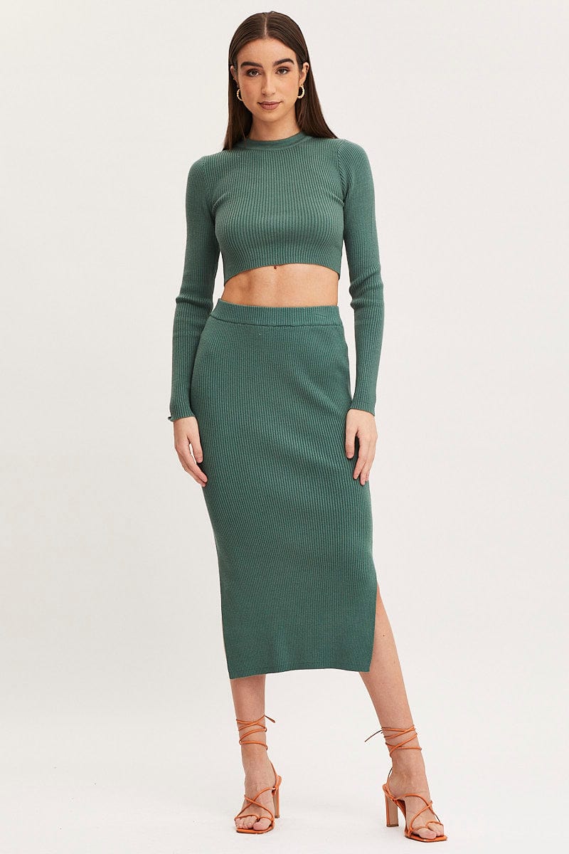 MIDI BODYCON Green Knit Skirt Midi Side Split for Women by Ally