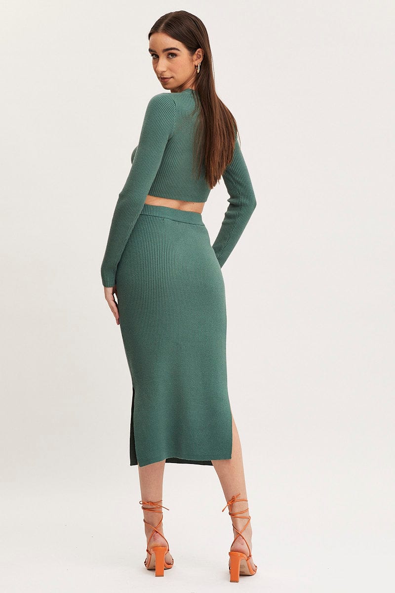 MIDI BODYCON Green Knit Skirt Midi Side Split for Women by Ally