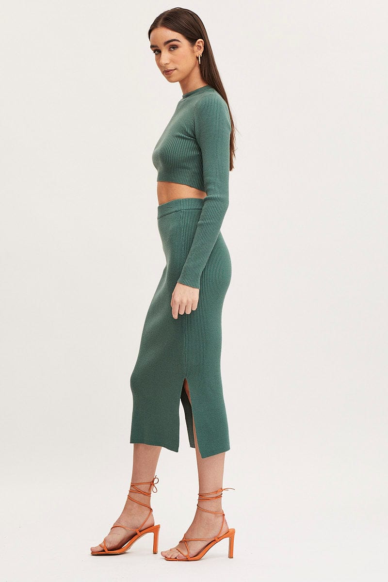 MIDI BODYCON Green Knit Skirt Midi Side Split for Women by Ally