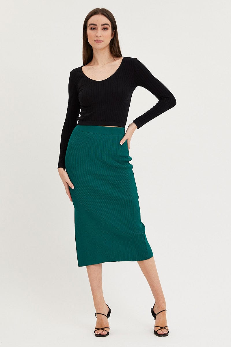 MIDI BODYCON Green Knit Skirt Midi Side Split for Women by Ally