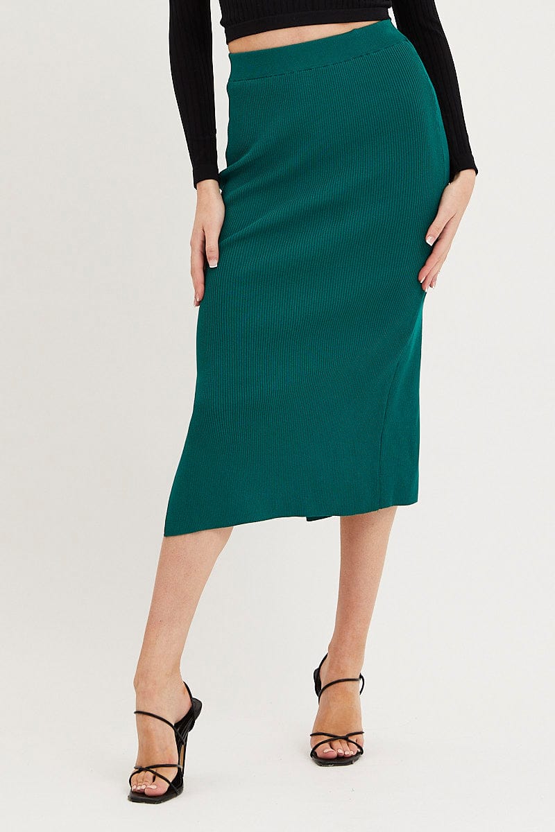 Women’s Green Knit Skirt Midi Side Split Ally Fashion