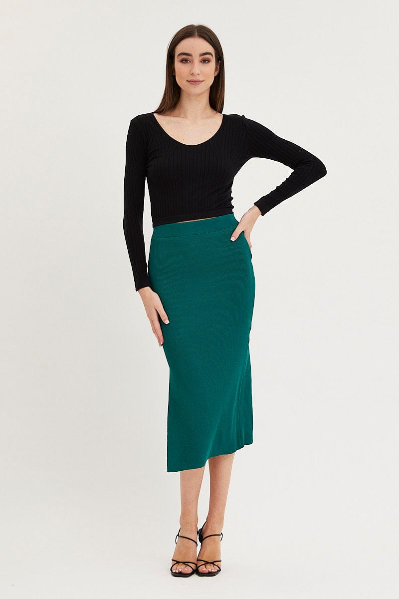 MIDI BODYCON Green Knit Skirt Midi Side Split for Women by Ally