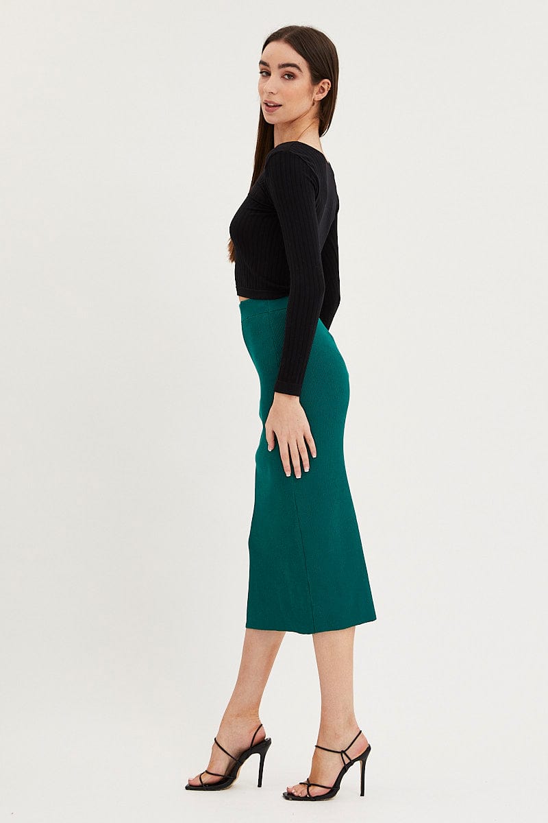 MIDI BODYCON Green Knit Skirt Midi Side Split for Women by Ally