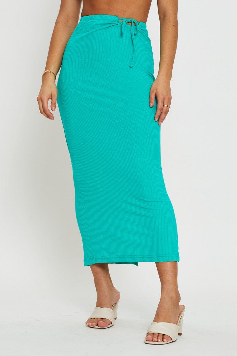 MIDI BODYCON Green Tie Detail Ribbed Midi Skirt for Women by Ally