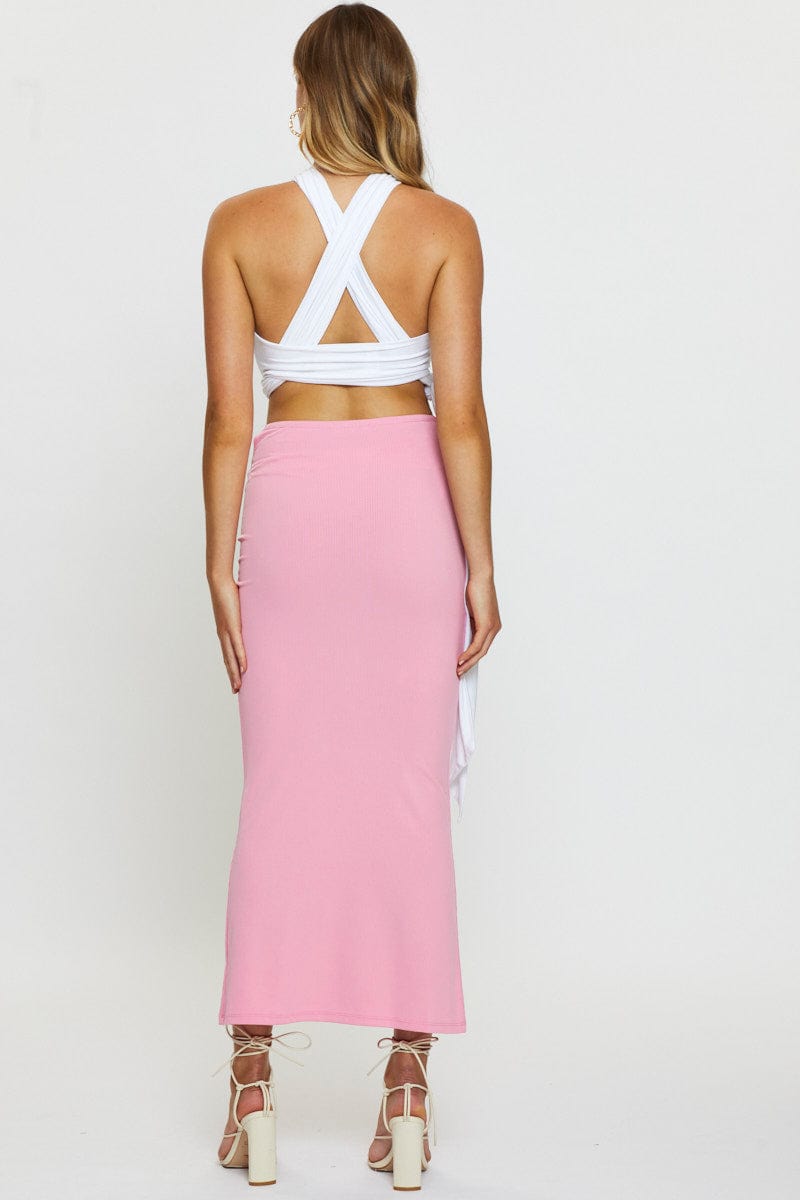 MIDI BODYCON Pink Midi Skirt Rig Detailed Ribbed Jersey for Women by Ally