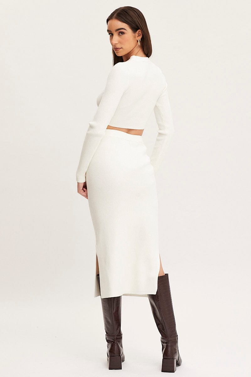 MIDI BODYCON White Knit Skirt Midi Side Split for Women by Ally