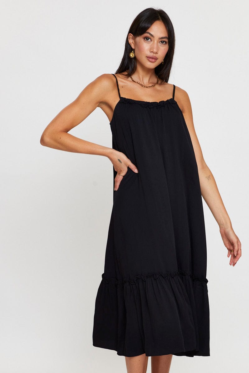 MIDI DRESS Black A Line Dress Sleeveless Midi for Women by Ally