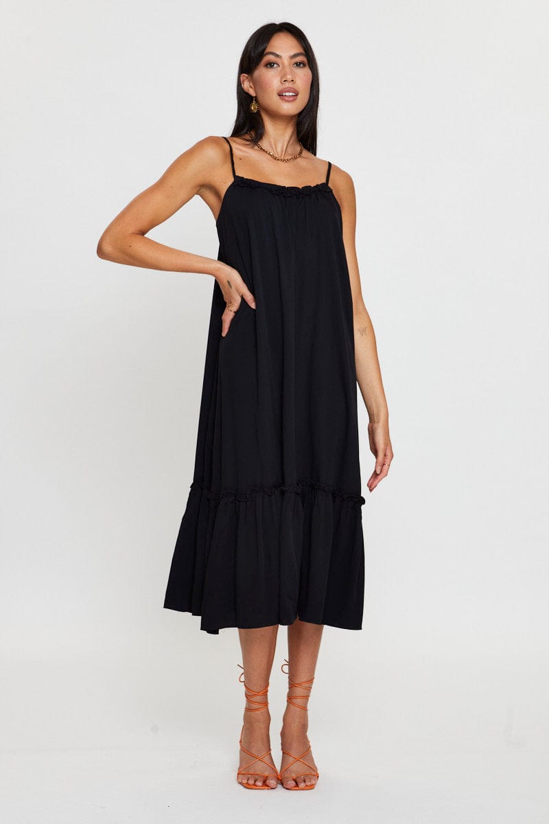 MIDI DRESS Black A Line Dress Sleeveless Midi for Women by Ally