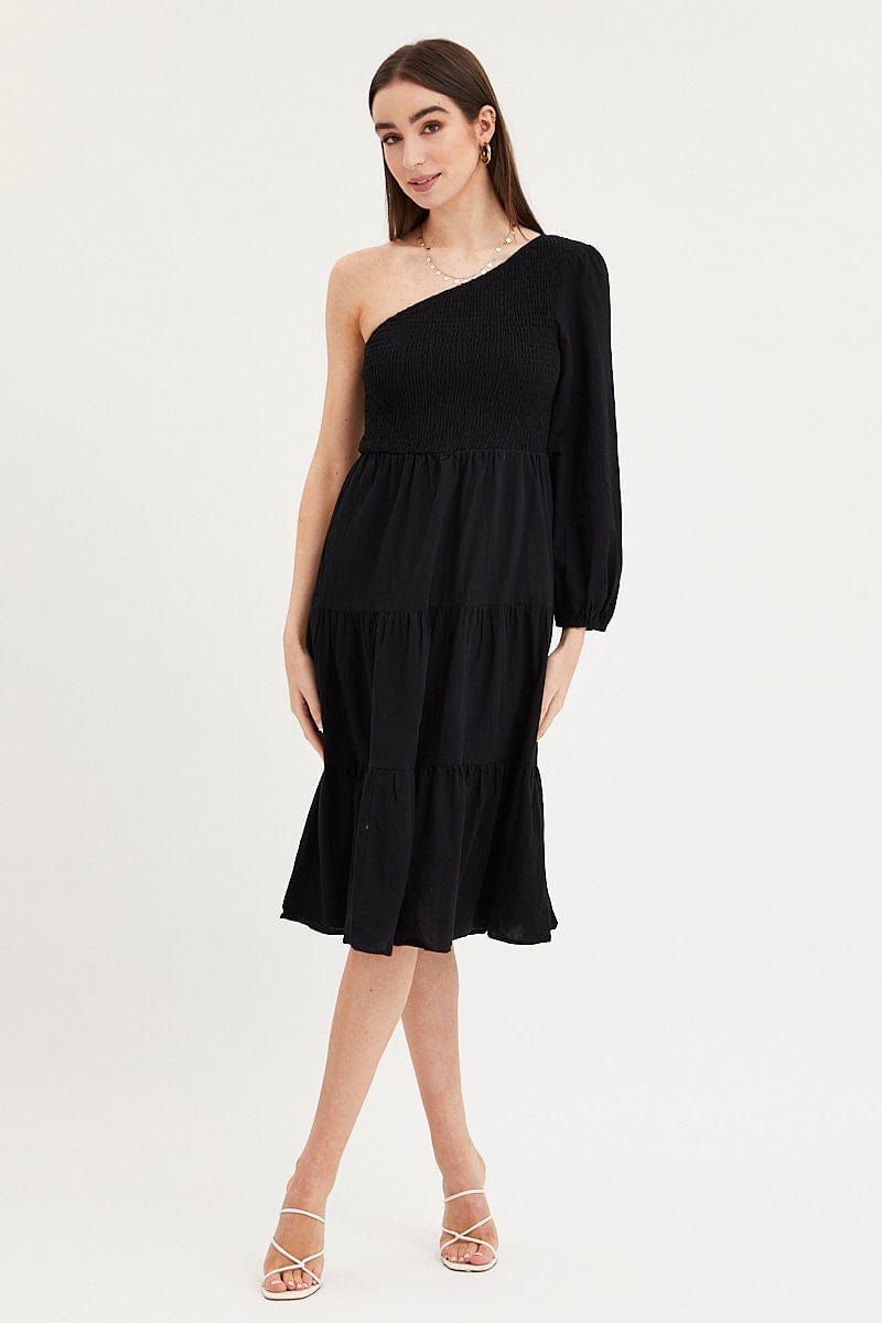 MIDI DRESS Black Dress One Shoulder Midi for Women by Ally