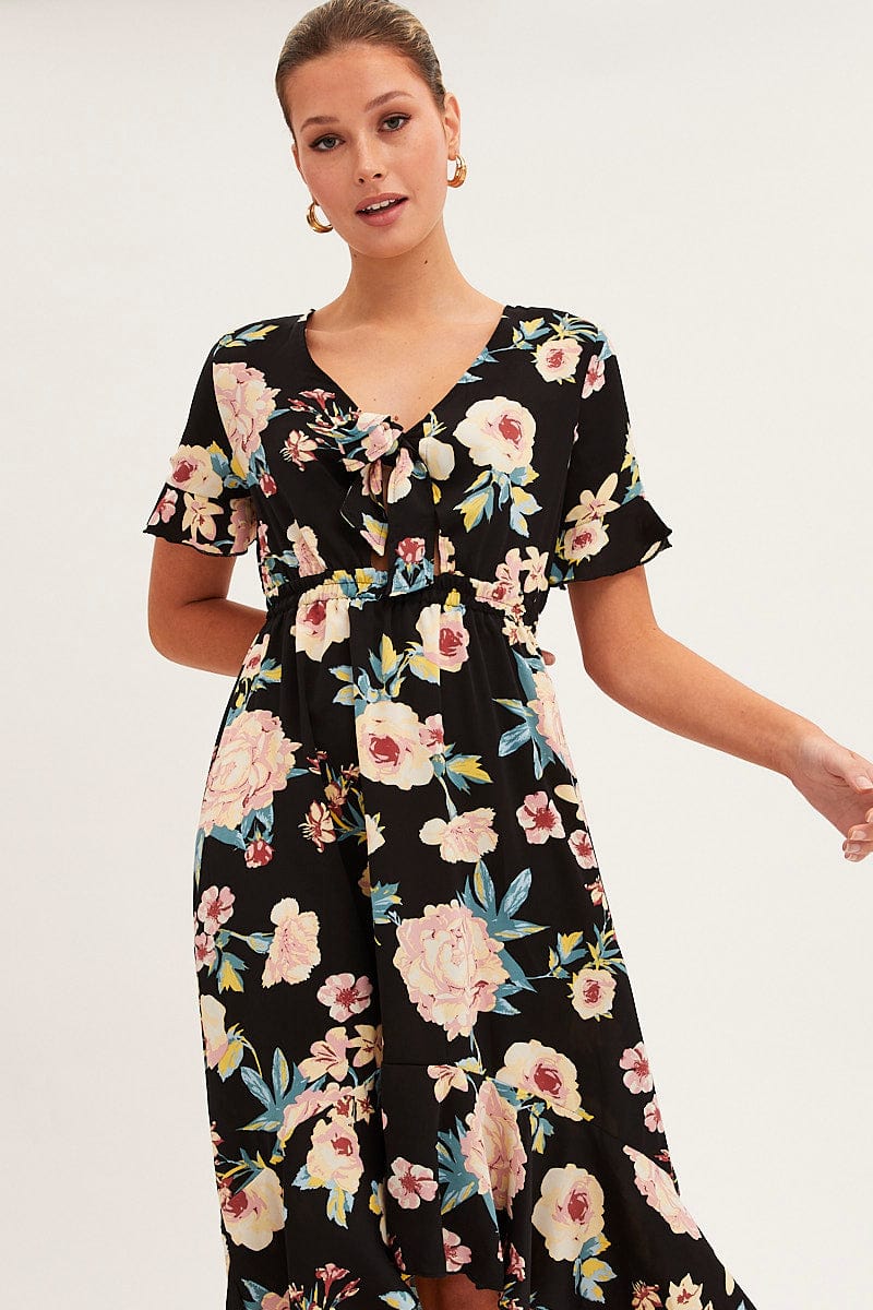 MIDI DRESS Black Floral Tie Front Floral Midi Dress for Women by Ally