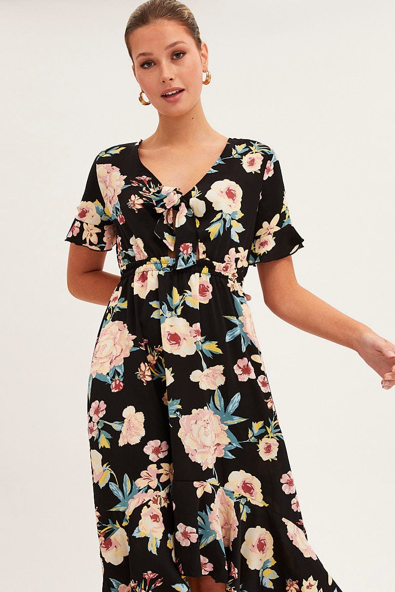 Black Floral Tie Front Floral Midi Dress | Ally Fashion