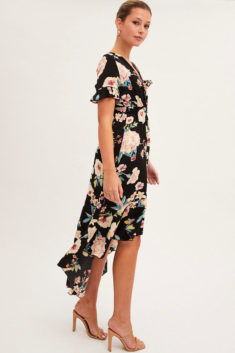 Black Floral Tie Front Floral Midi Dress Ally Fashion