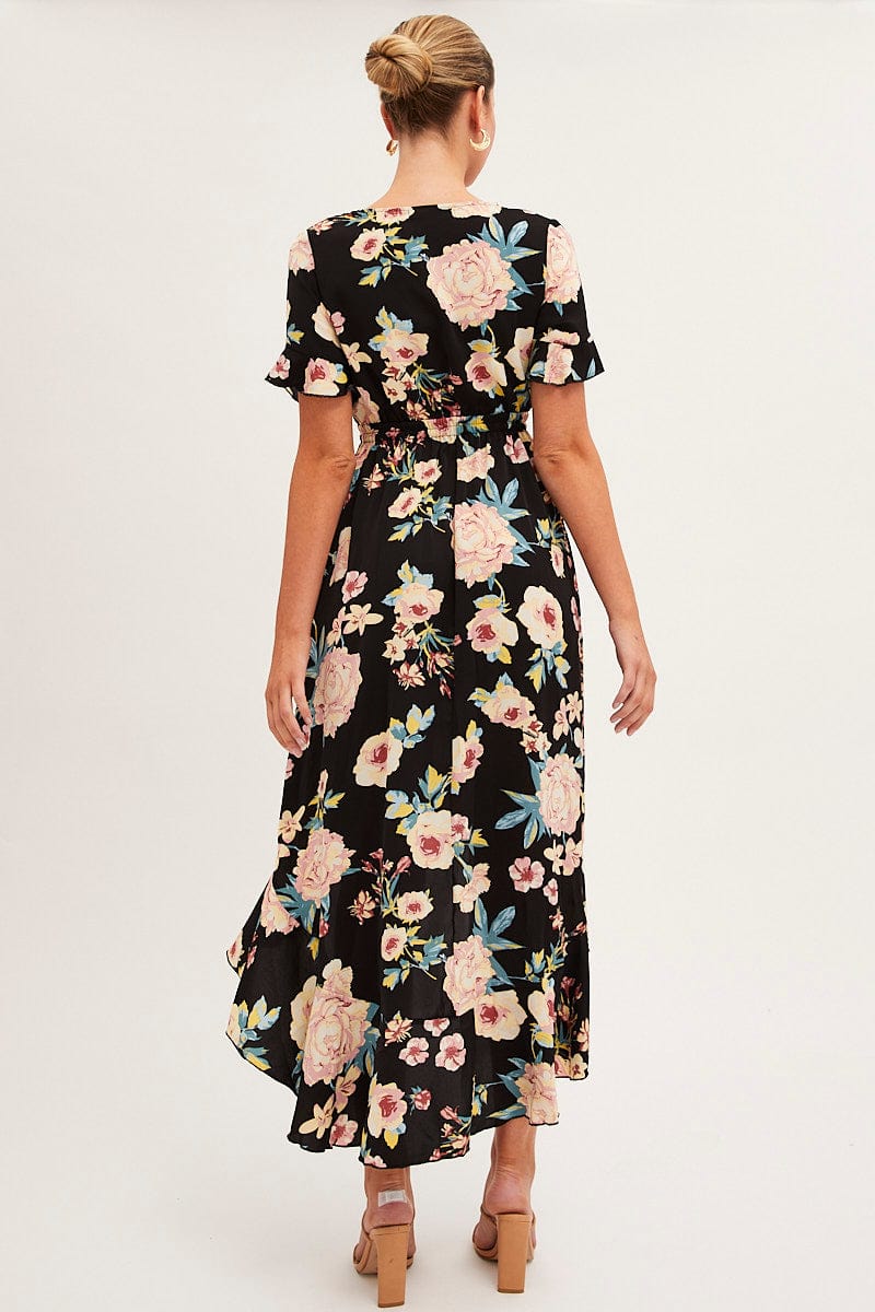 MIDI DRESS Black Floral Tie Front Floral Midi Dress for Women by Ally