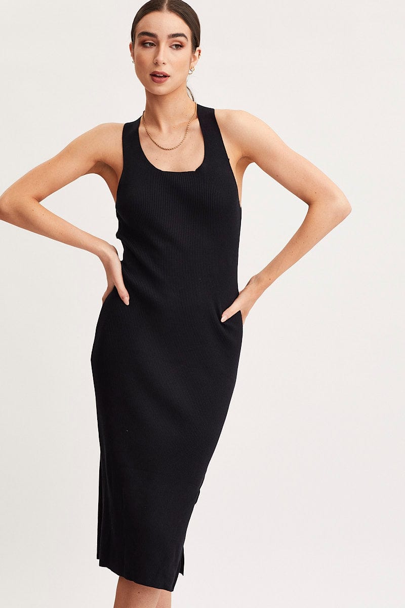 MIDI DRESS Black Keyhole Dress Sleeveless Midi Knit for Women by Ally