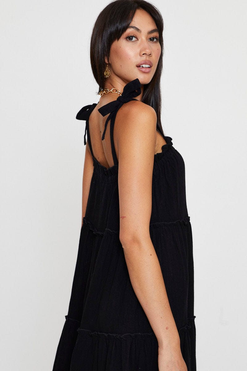 MIDI DRESS Black Midi Dress Sleeveless Tie Shoulder for Women by Ally