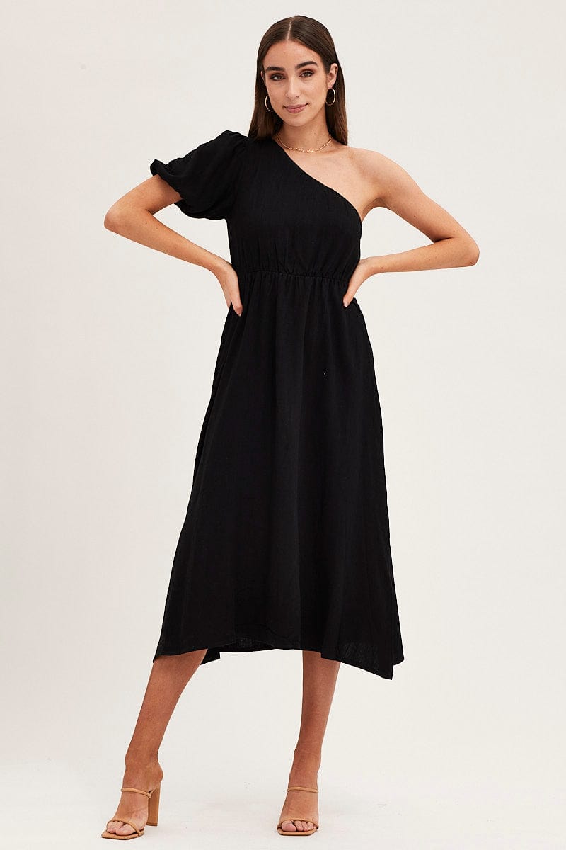 MIDI DRESS Black One Shoulder Midi Dress for Women by Ally