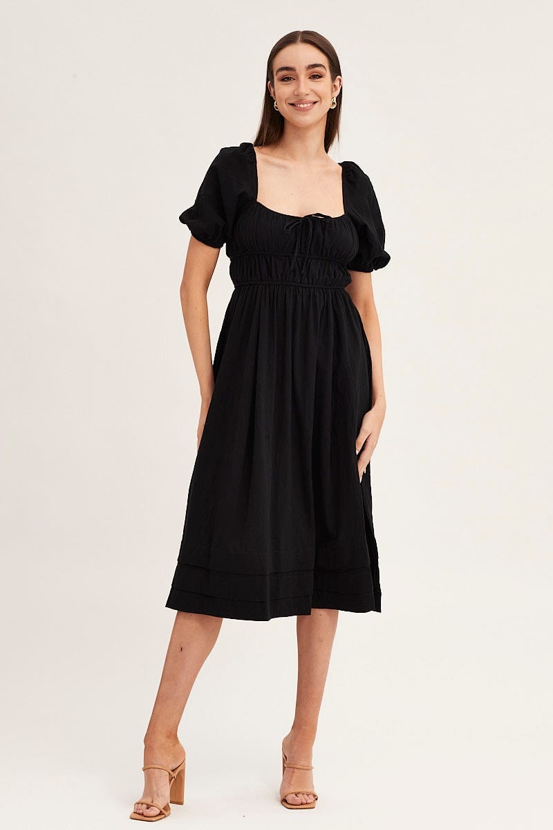 MIDI DRESS Black Short Sleeve Ruched Midi Dress for Women by Ally