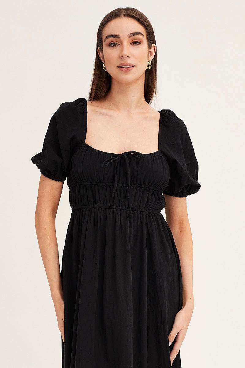 MIDI DRESS Black Short Sleeve Ruched Midi Dress for Women by Ally