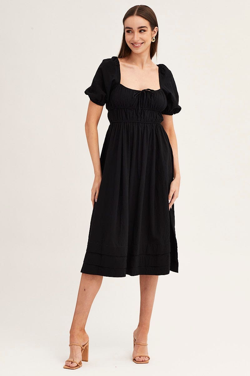 MIDI DRESS Black Short Sleeve Ruched Midi Dress for Women by Ally