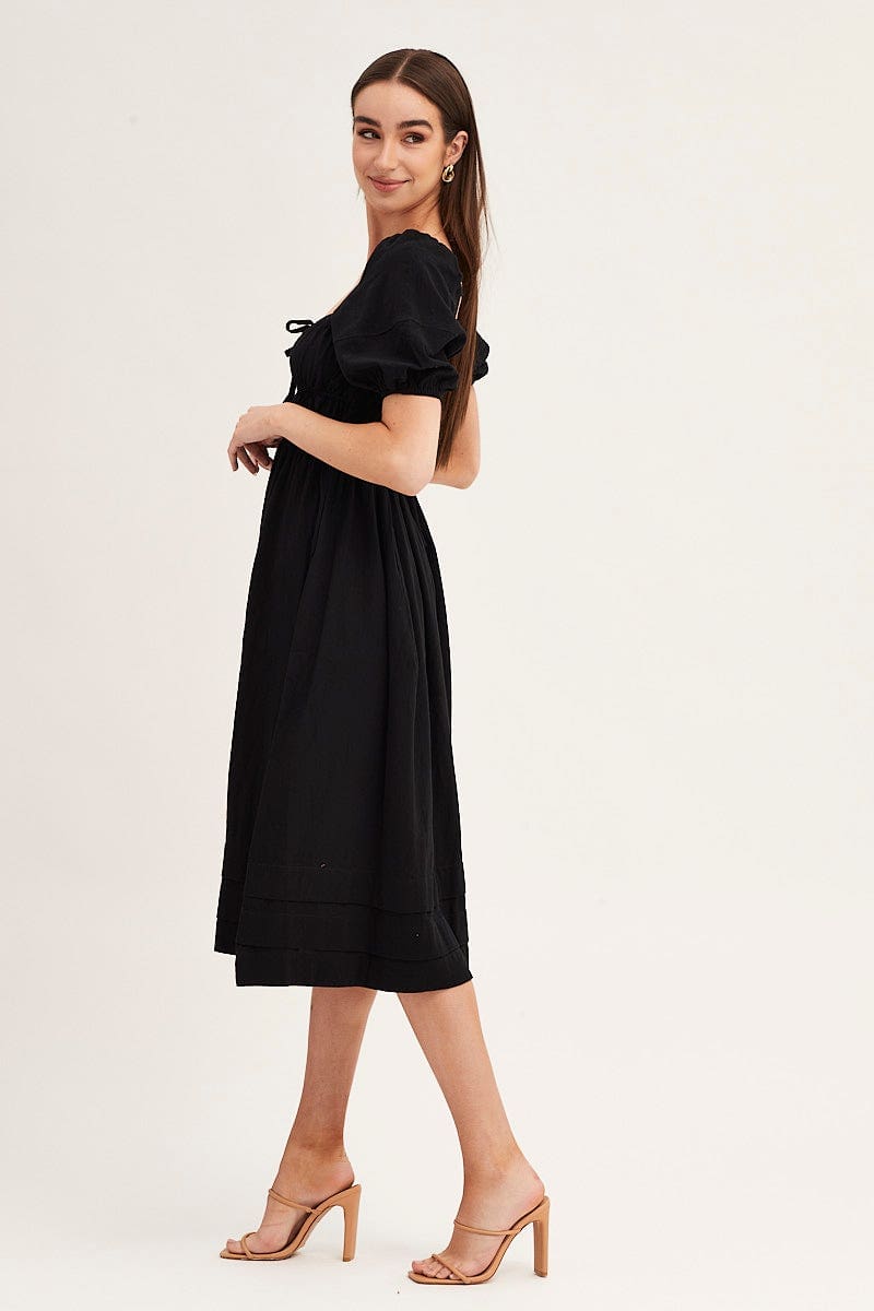 MIDI DRESS Black Short Sleeve Ruched Midi Dress for Women by Ally