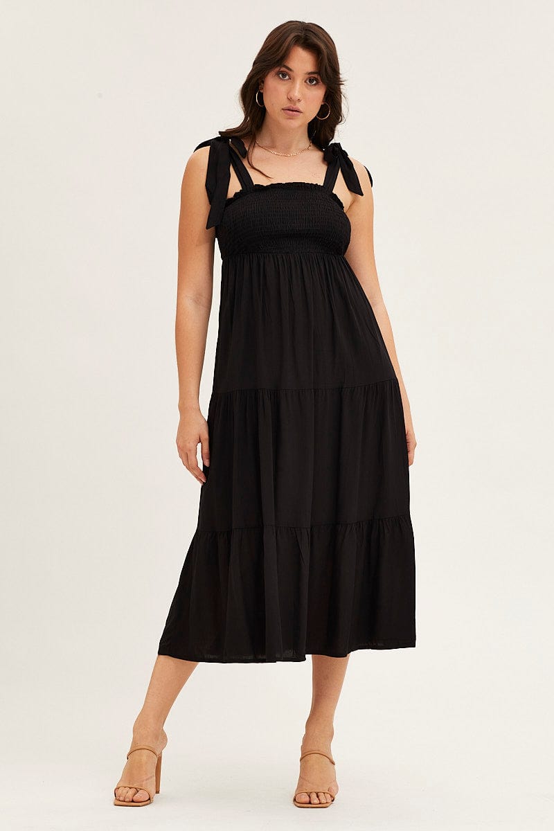 Black Tied Shoulder Tiered Midi Dress | Ally Fashion