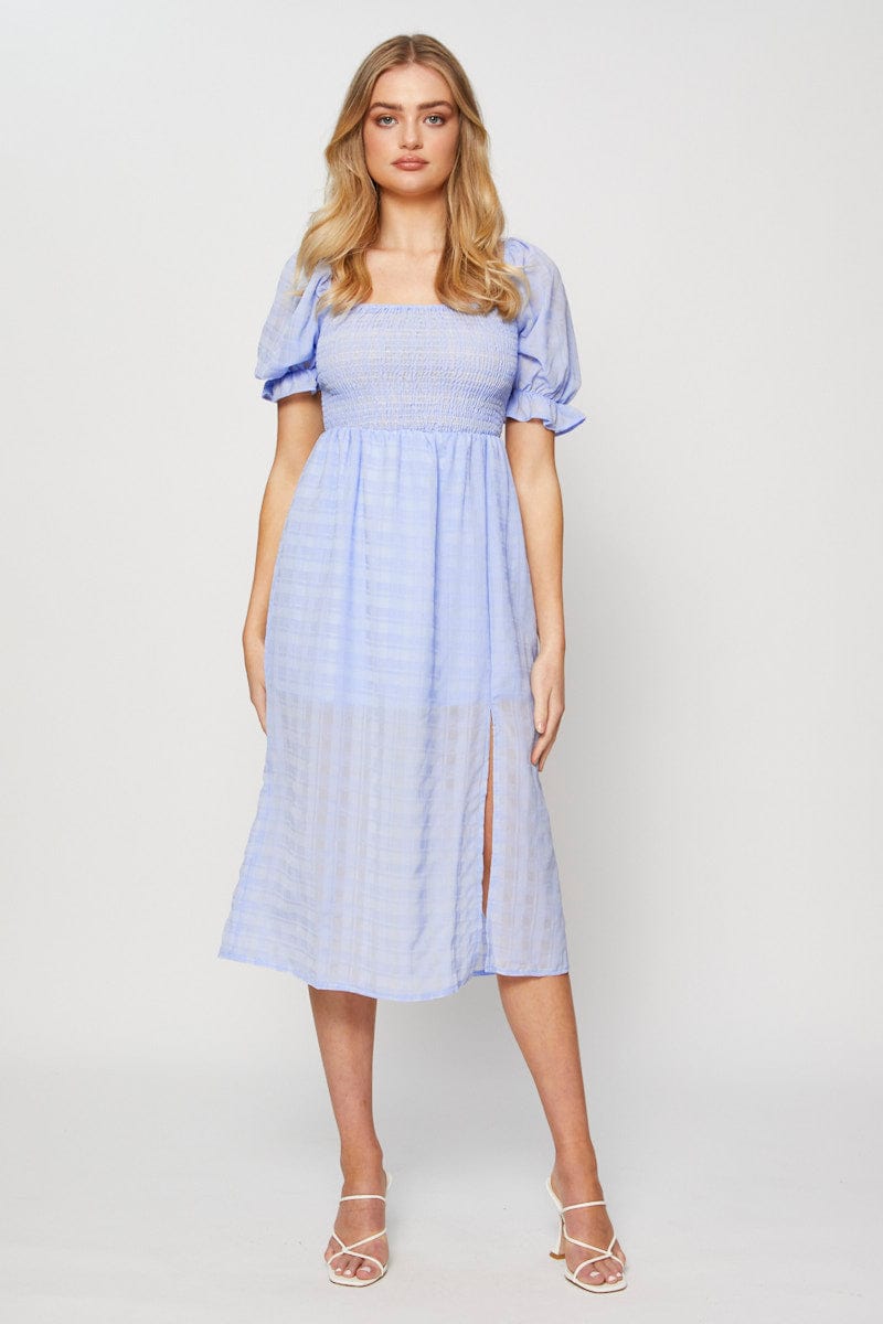 MIDI DRESS Blue Midi Dress Short Sleeve for Women by Ally