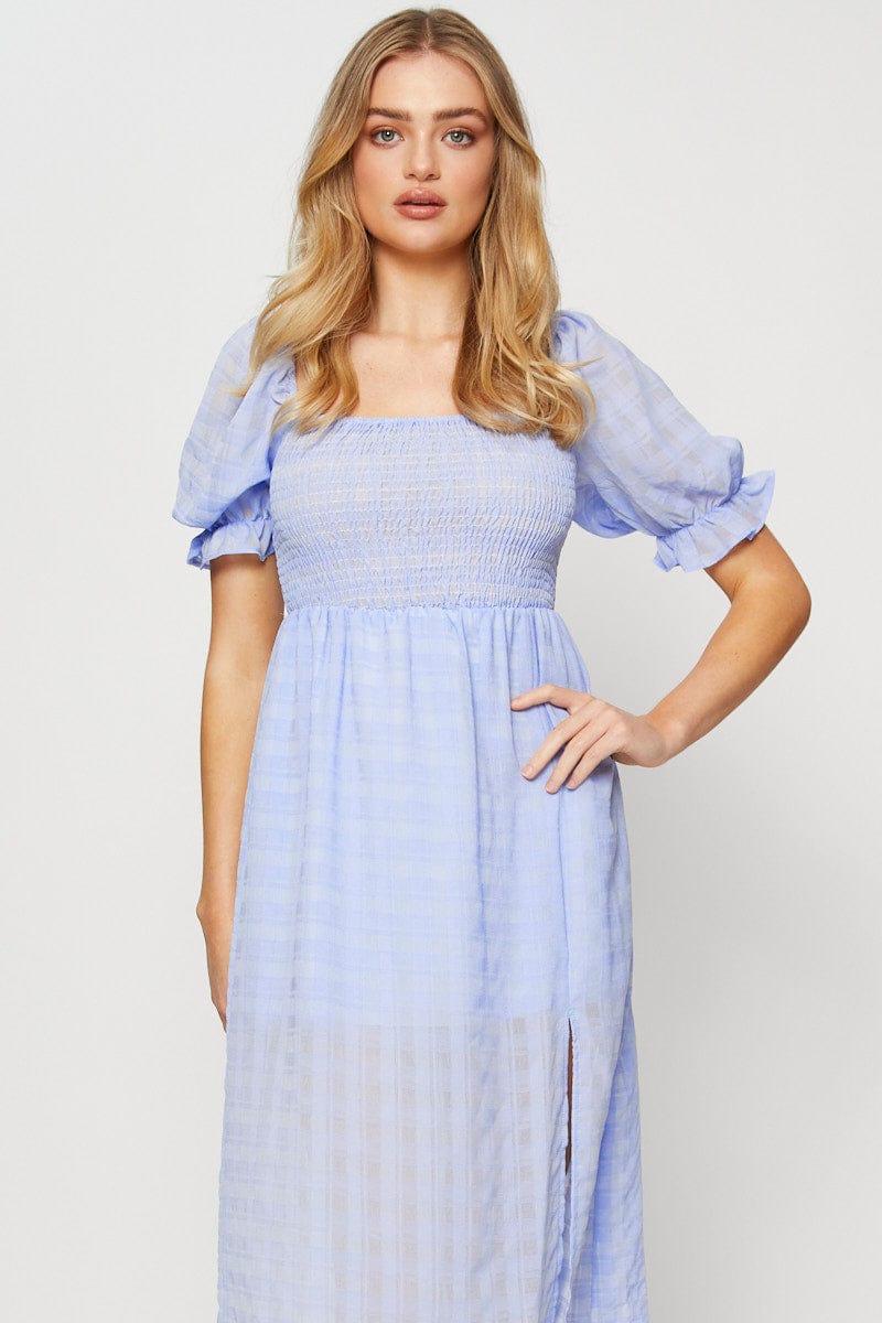 MIDI DRESS Blue Midi Dress Short Sleeve for Women by Ally