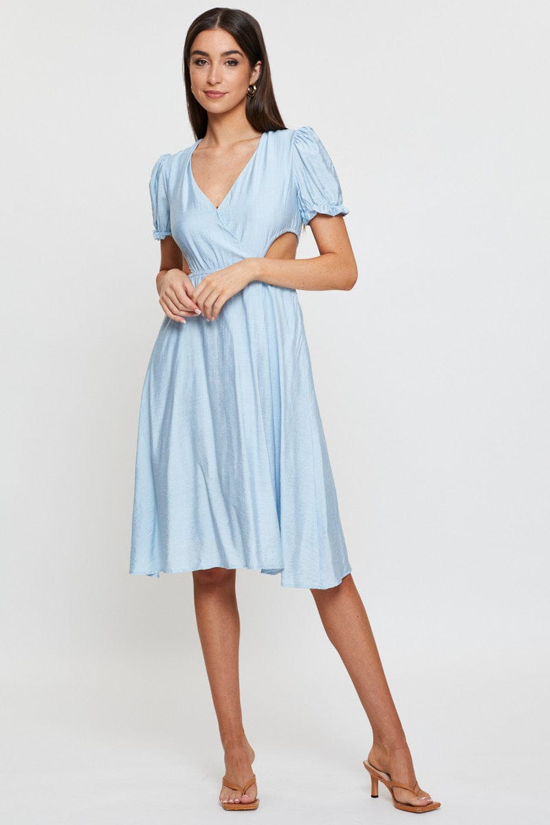 MIDI DRESS Blue Midi Dress Short Sleeve V Neck for Women by Ally